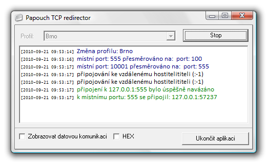 Obrazovka programu Papouch TCP redirector.